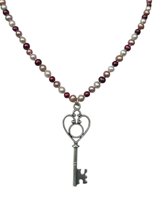 Key to My Heart Pink Pearl Necklace