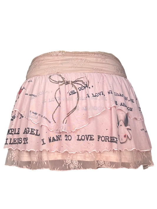 Creature in Wonderland Pink Ruffle + Lace Mini Skirt - L