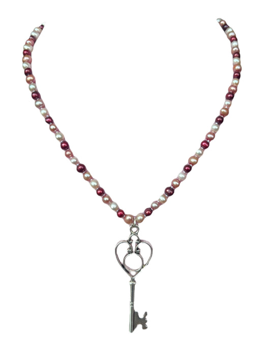 Key to My Heart Pink Pearl Necklace