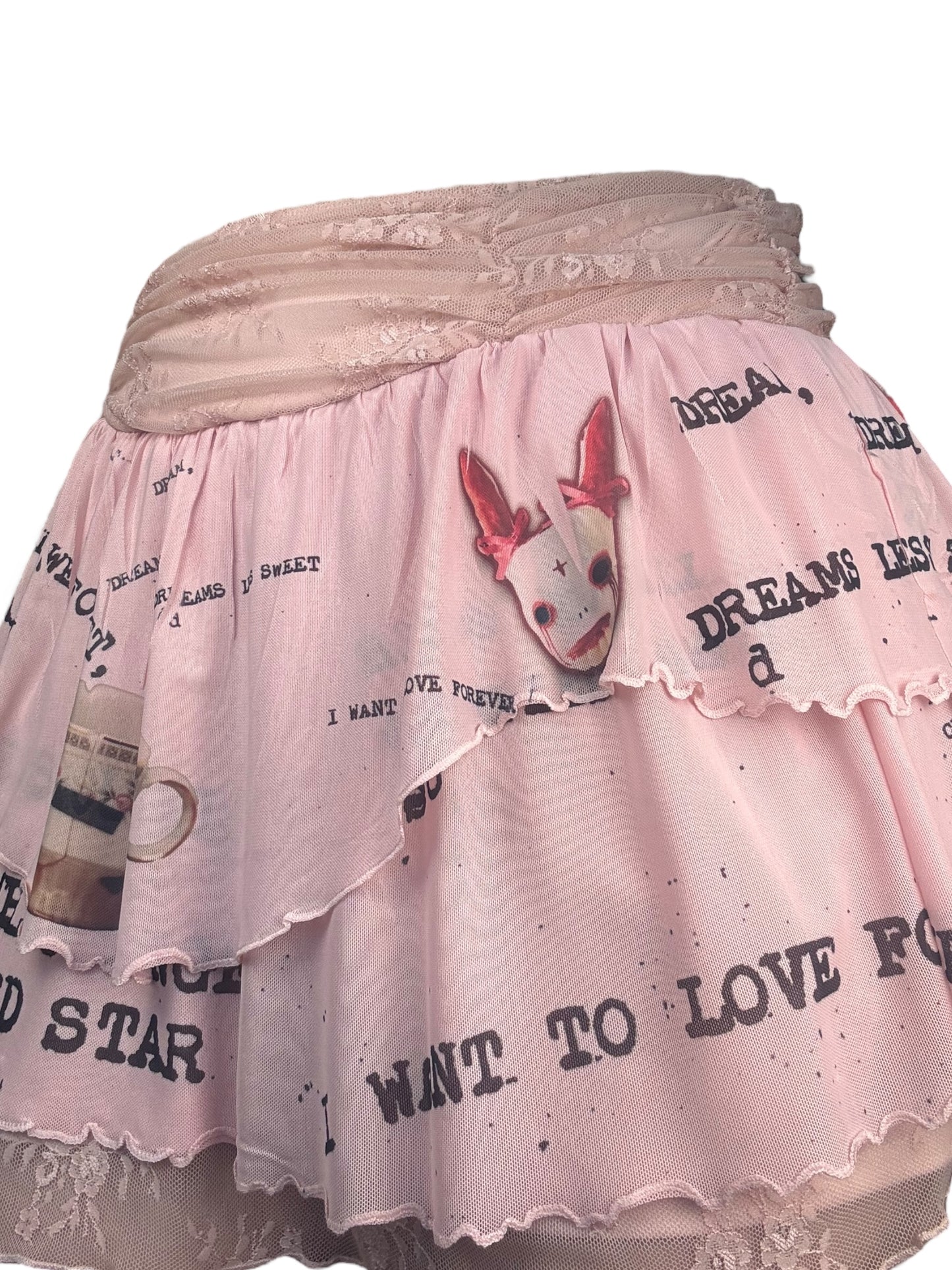 Creature in Wonderland Pink Ruffle + Lace Mini Skirt - L