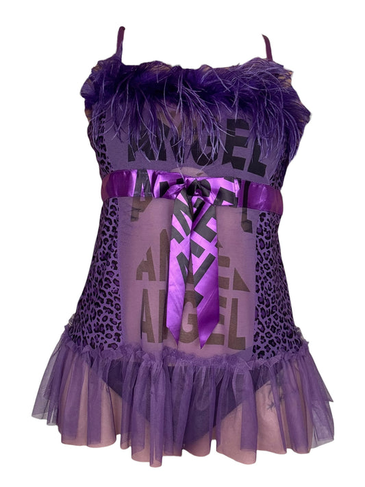 Angel Purple Cheetah + Feather Babydoll Mini Dress - L/XL