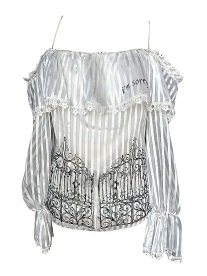 I'm Sorry White Striped Flutter Blouse - S