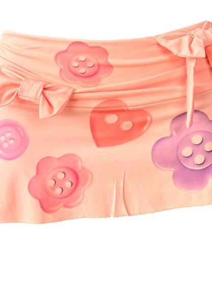 Buttons Peach + Bows Mini Skirt - S
