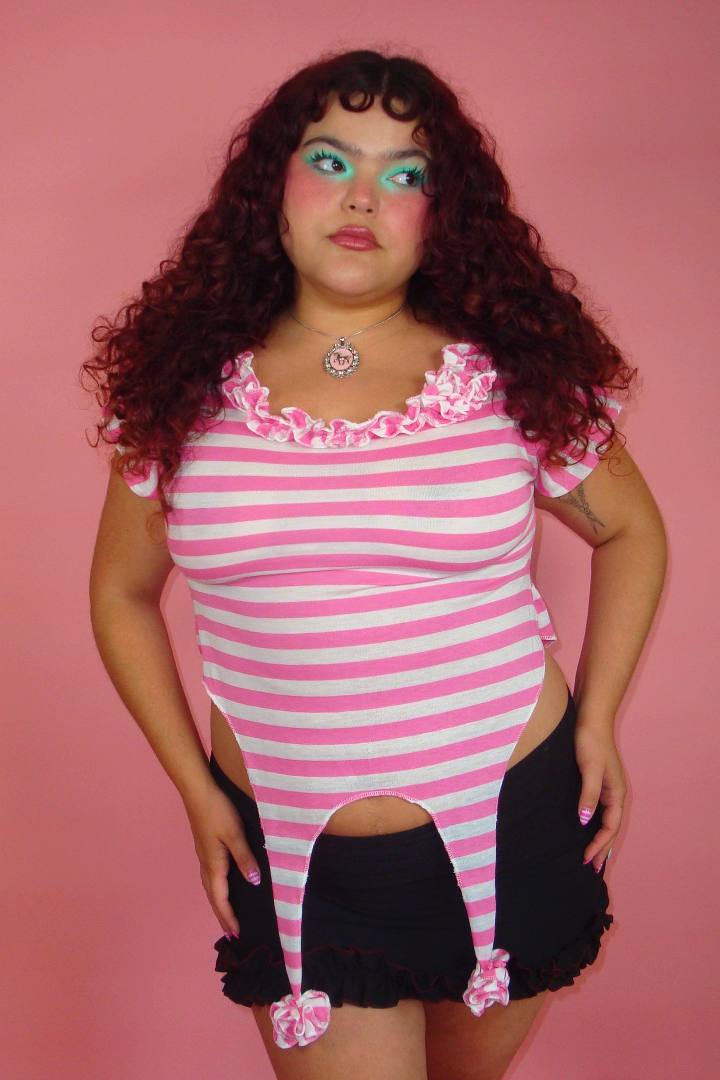 Josie Pink and White Striped Garter Top - 2X