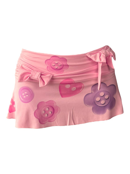 Buttons Peach + Bows Mini Skirt - S