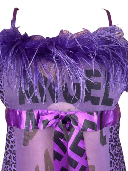 Angel Purple Cheetah + Feather Babydoll Mini Dress - L/XL