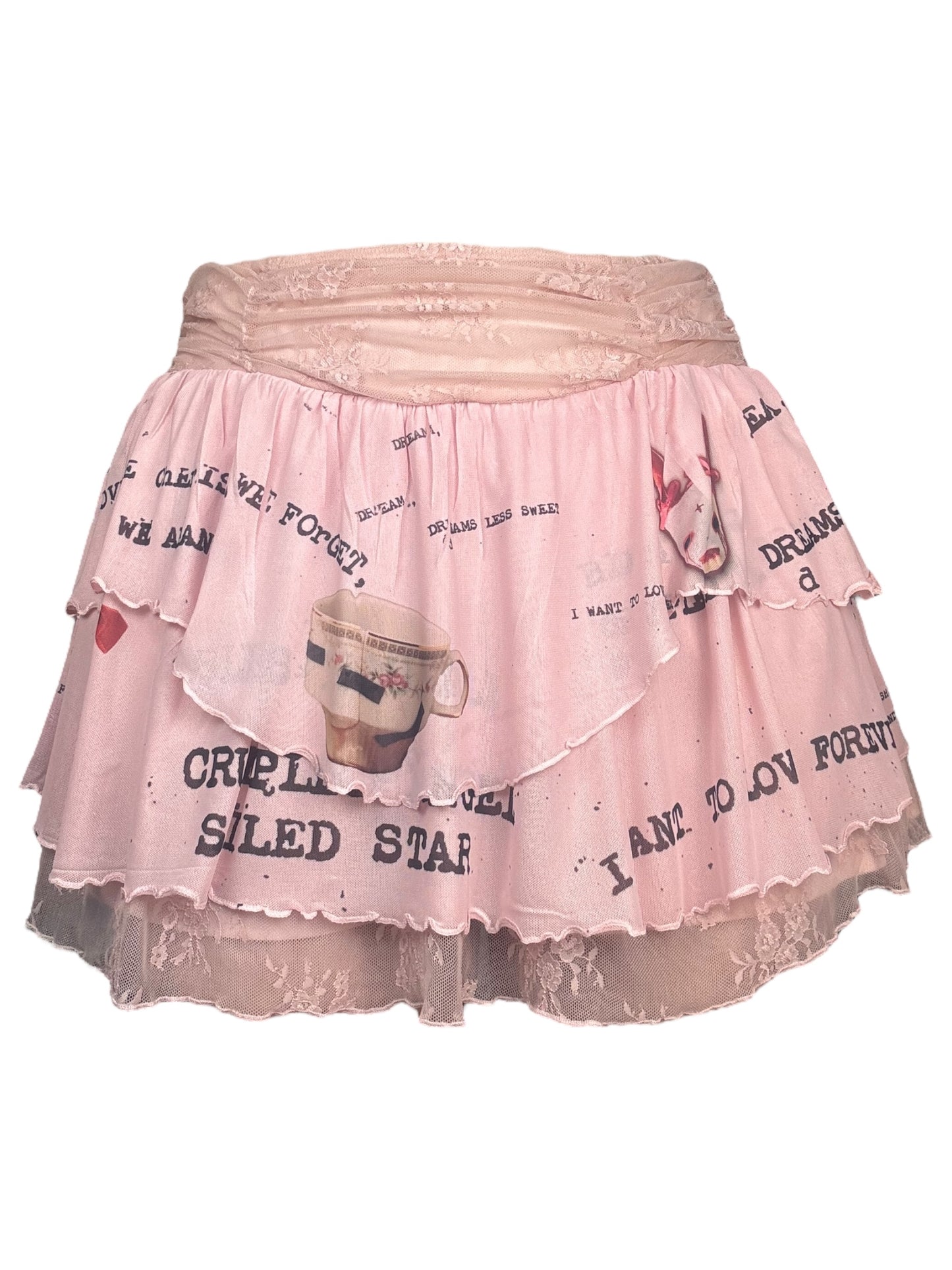 Creature in Wonderland Pink Ruffle + Lace Mini Skirt - L