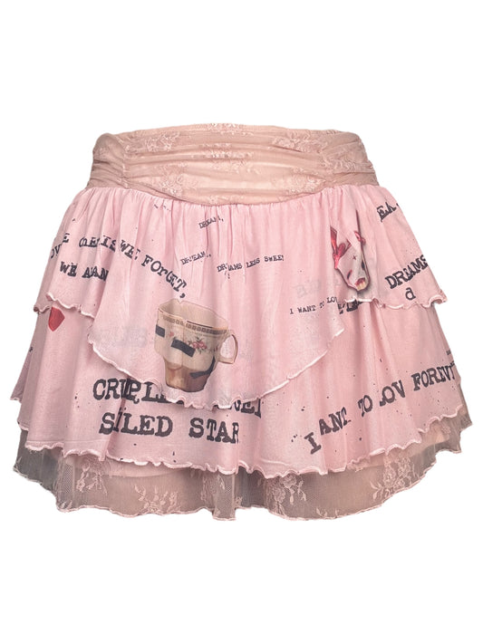 Creature in Wonderland Pink Ruffle + Lace Mini Skirt - L