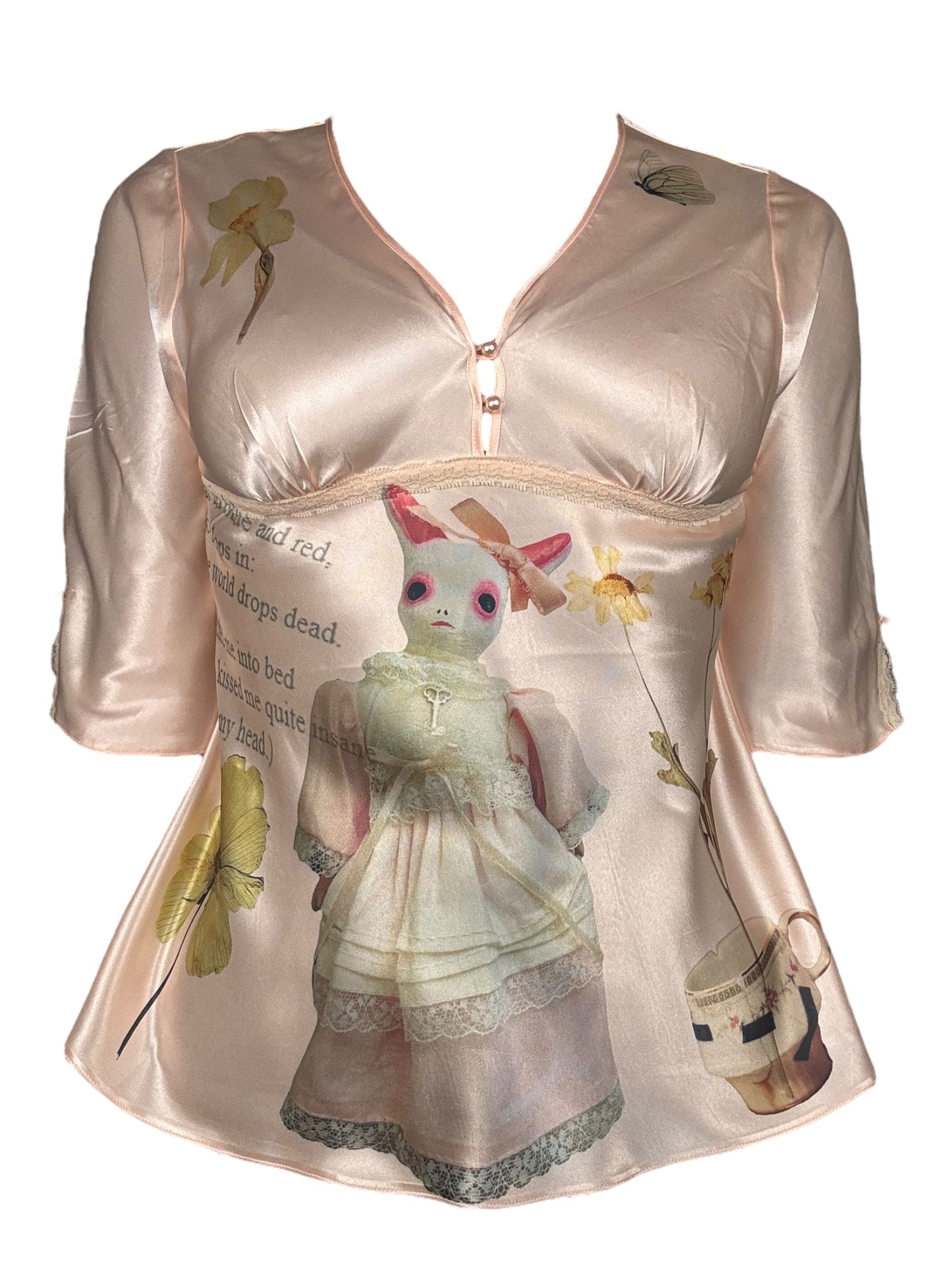 Mad Girl's Tea Party Pink Satin Blouse - L