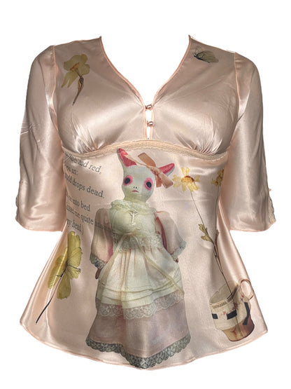 Mad Girl's Tea Party Pink Satin Blouse - L