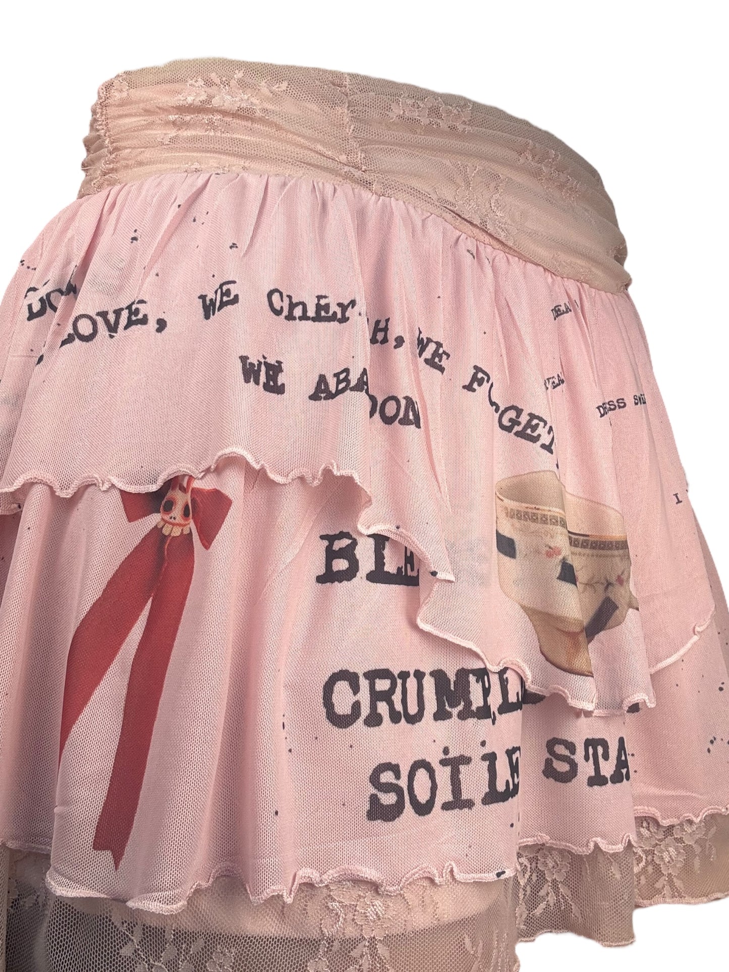 Creature in Wonderland Pink Ruffle + Lace Mini Skirt - L