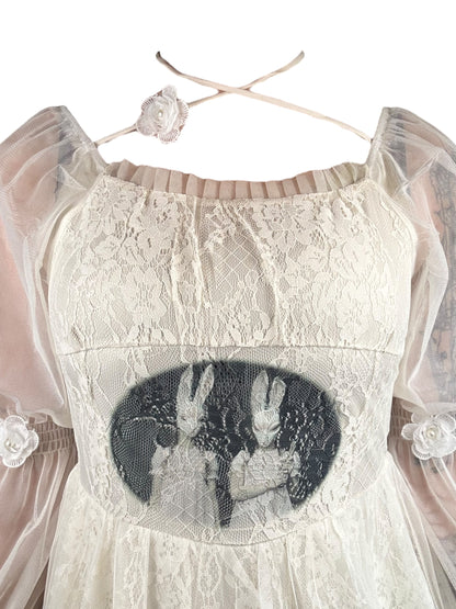 I Love You Bunny Lolita White Lace Dress - M