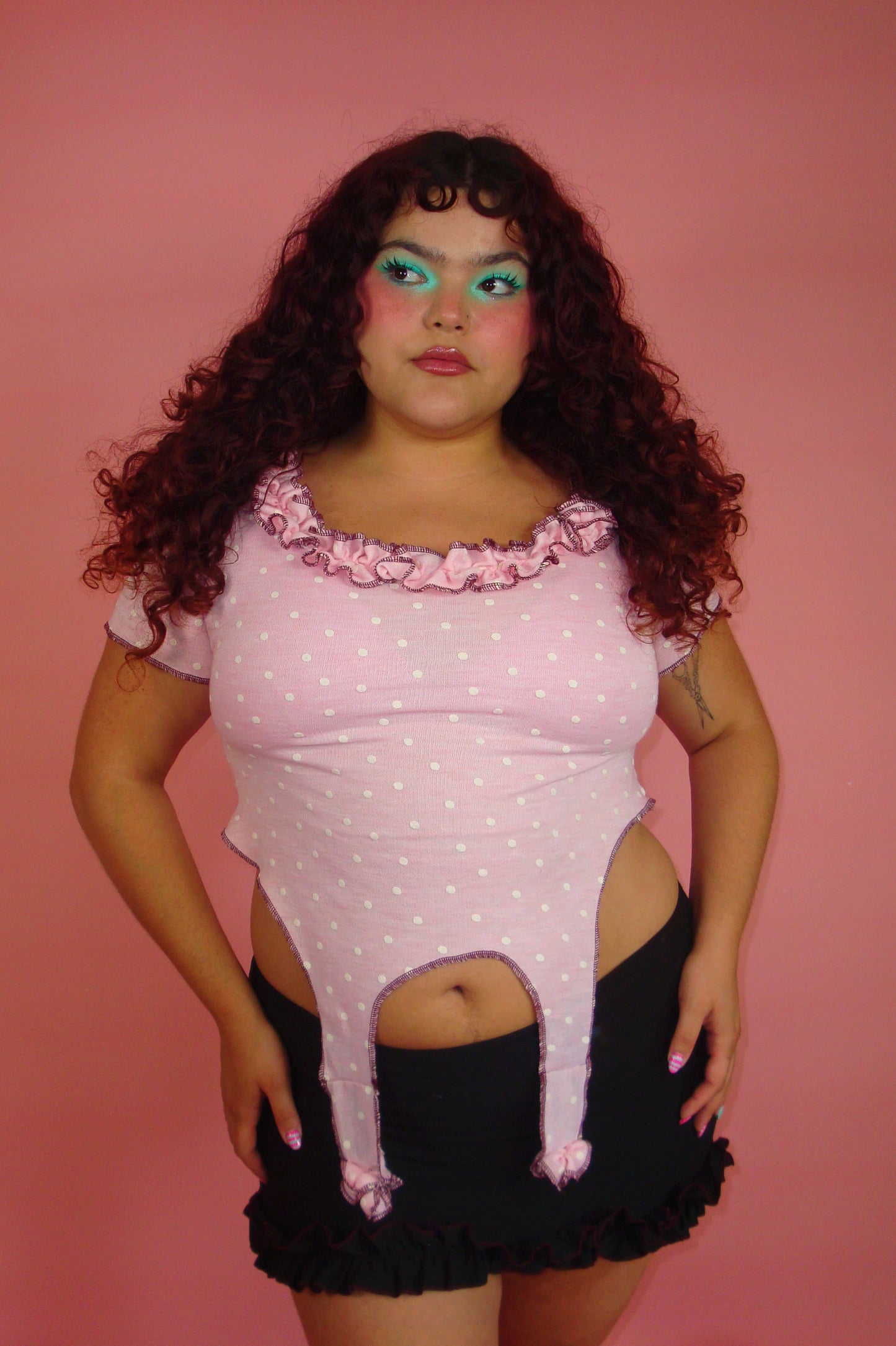 Cecily Pink Polka Dot Garter Top - 2X