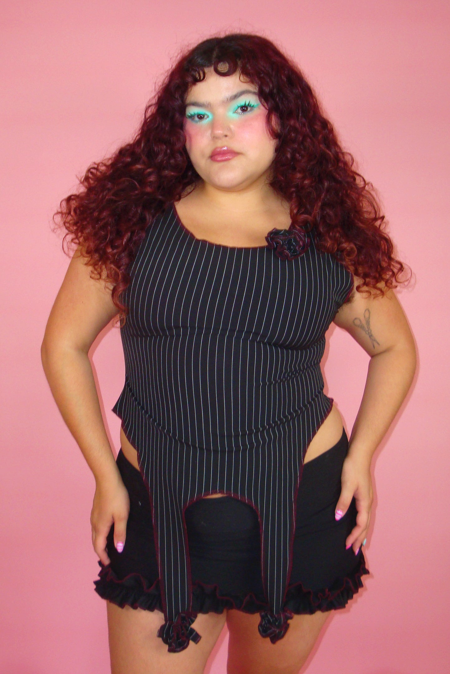 Desdemona Black Pinstripe Garter Top - L/XL