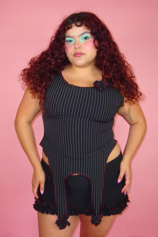 Desdemona Black Pinstripe Garter Top - L/XL