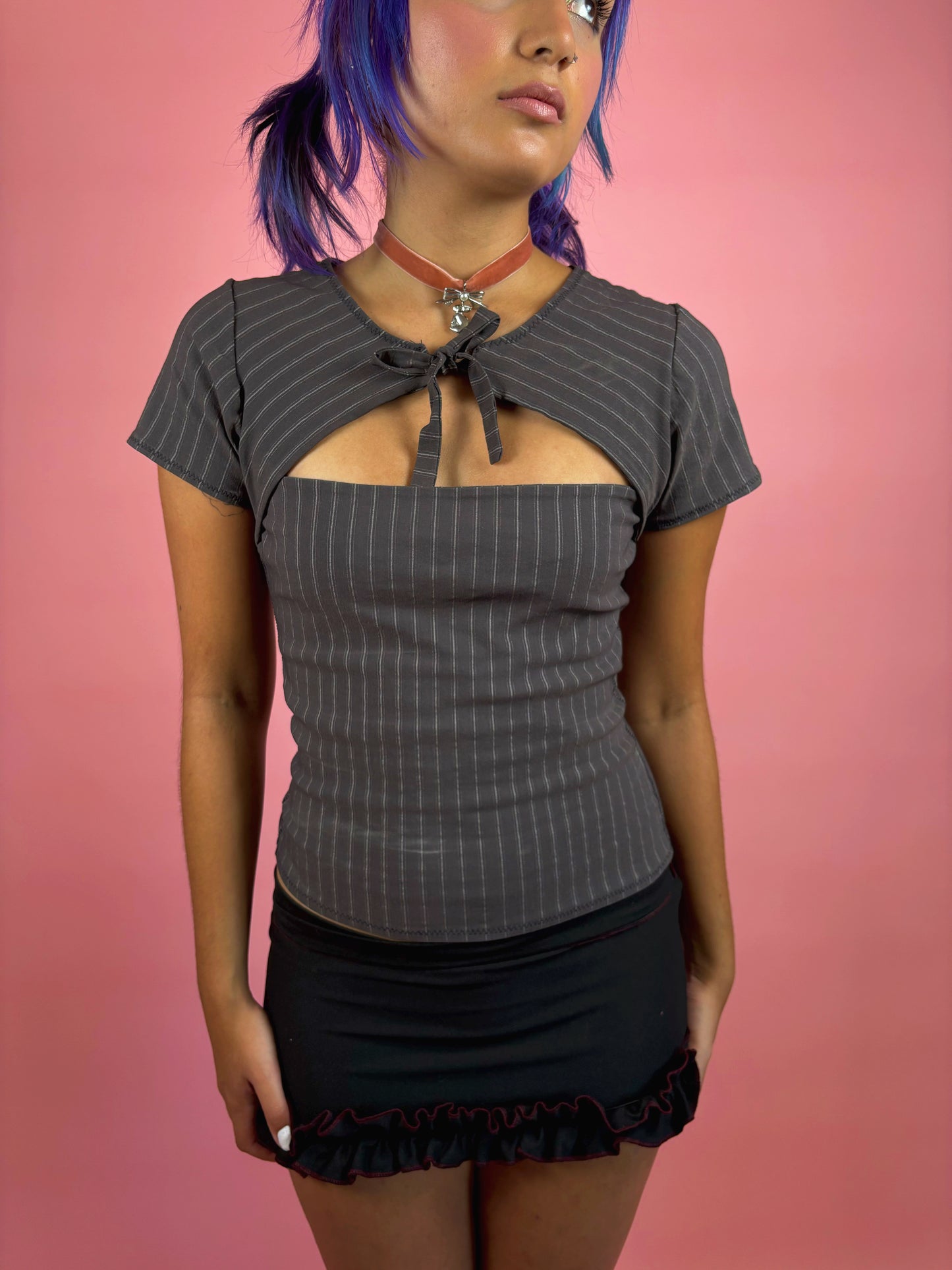 Lilah Grey Pinstripe Keyhole Top - S