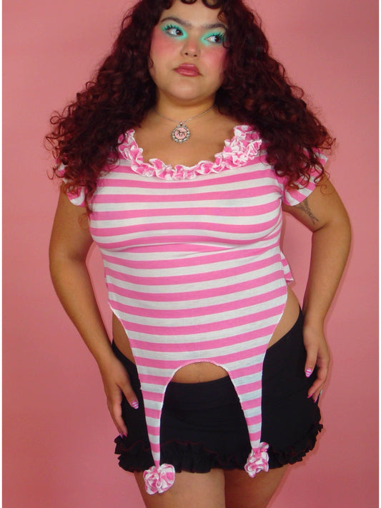 Josie Pink and White Striped Garter Top - 2X