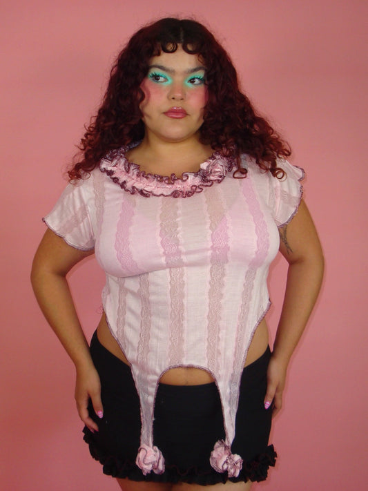 Isabella Pink Lace Garter Top - 3X