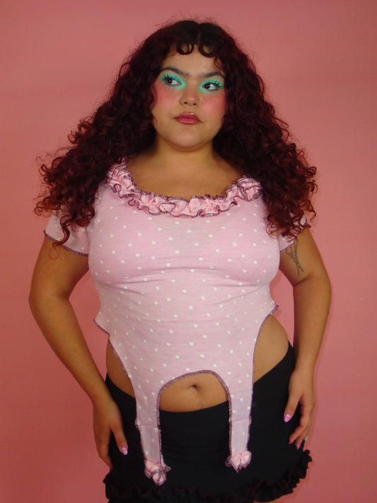 Cecily Pink Polka Dot Garter Top - 2X