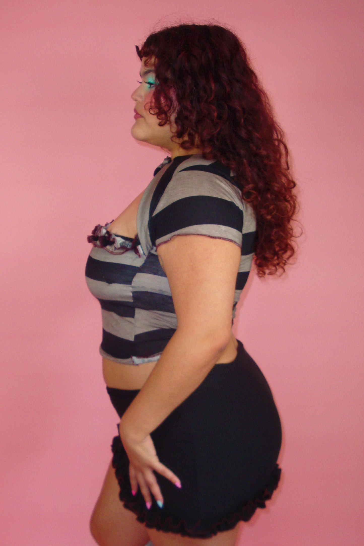 Lorelai Grey and Black Stripe Keyhole Top - XL