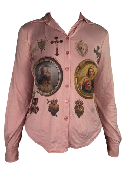 Catholic Girl Pink Button Up - M