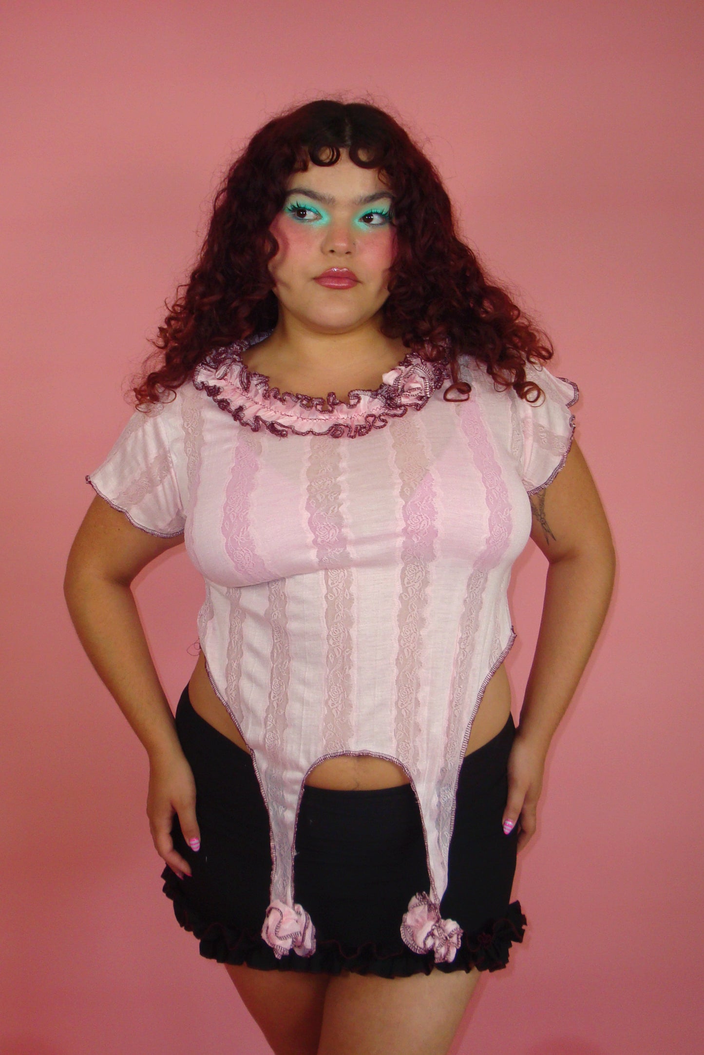 Isabella Pink Lace Garter Top - 3X