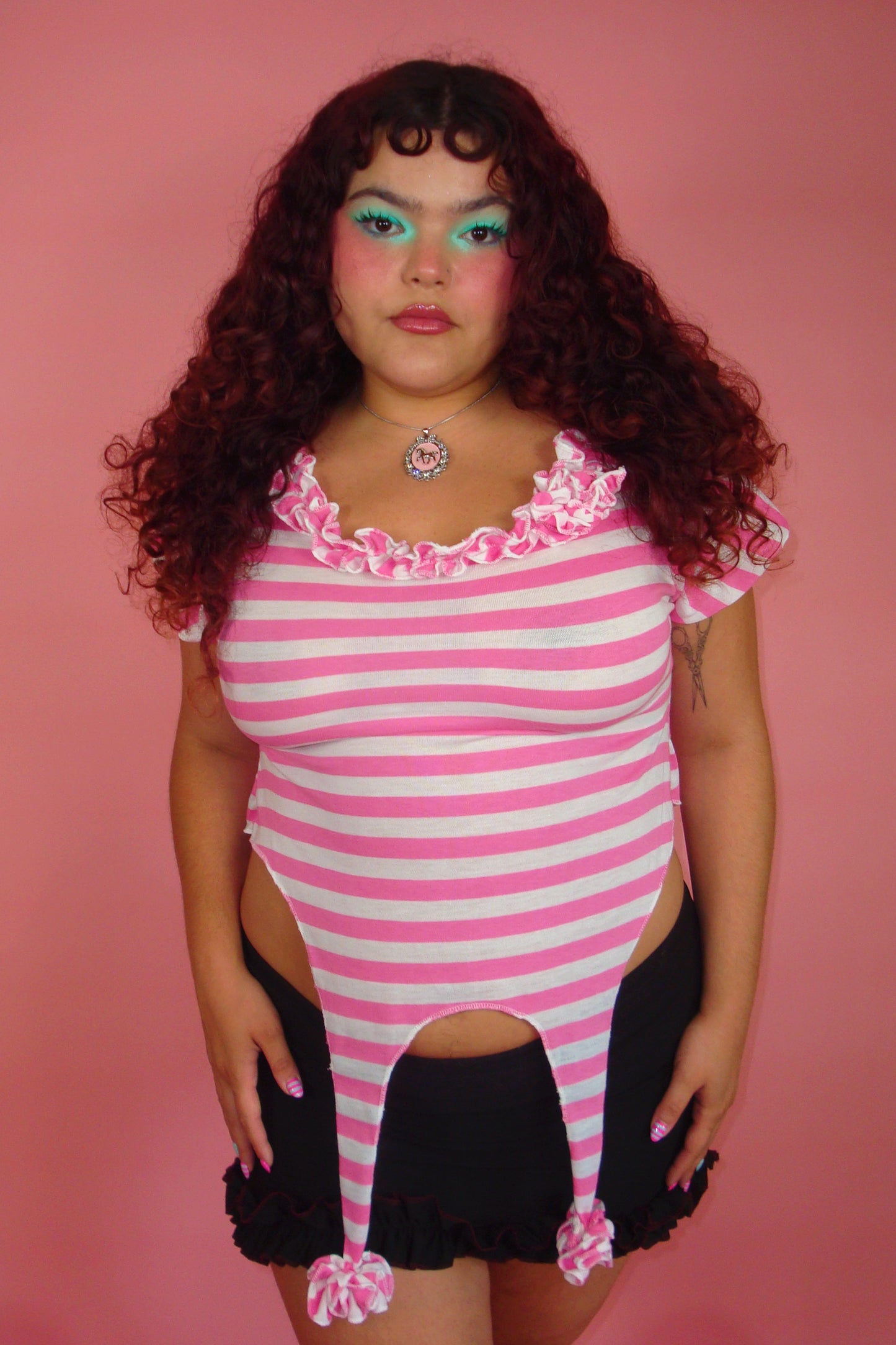 Josie Pink and White Striped Garter Top - 2X