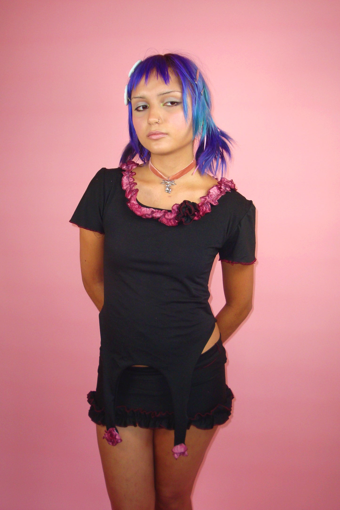 Beatrix Black and Crimson Garter Top - S
