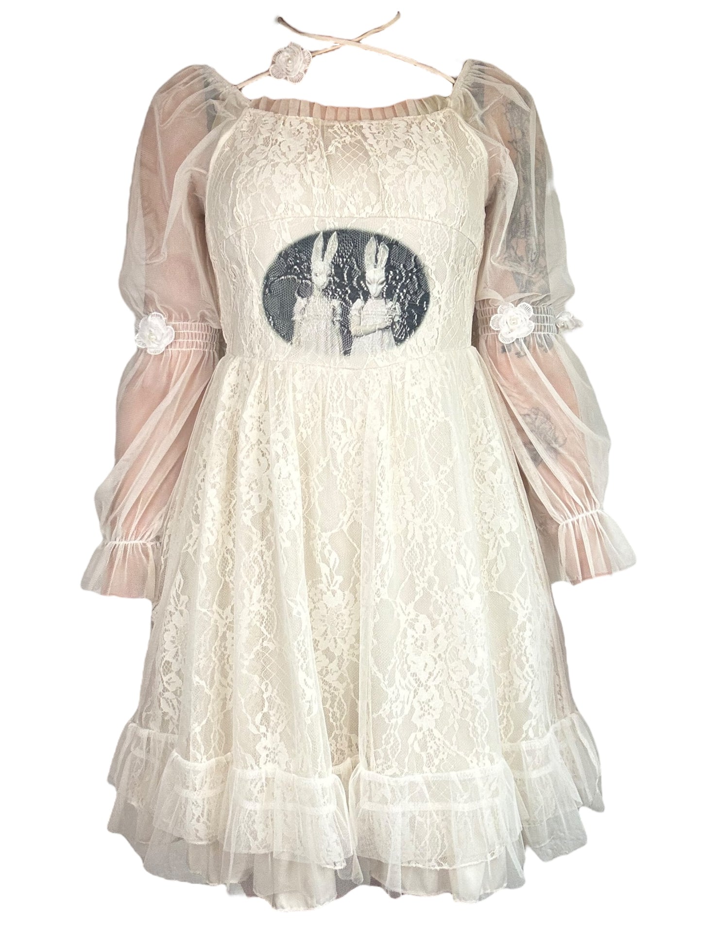 I Love You Bunny Lolita White Lace Dress - M