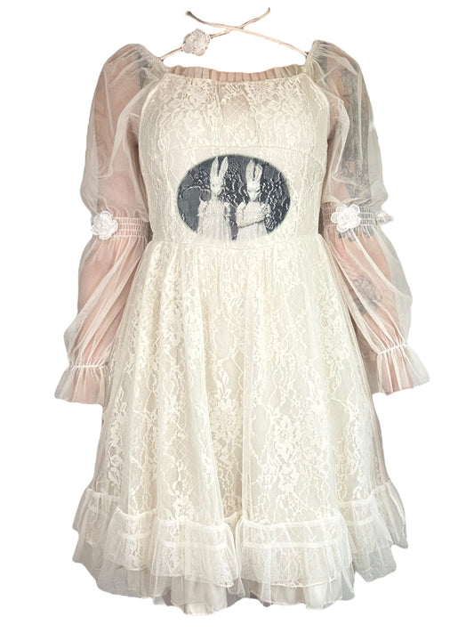 I Love You Bunny Lolita White Lace Dress - M