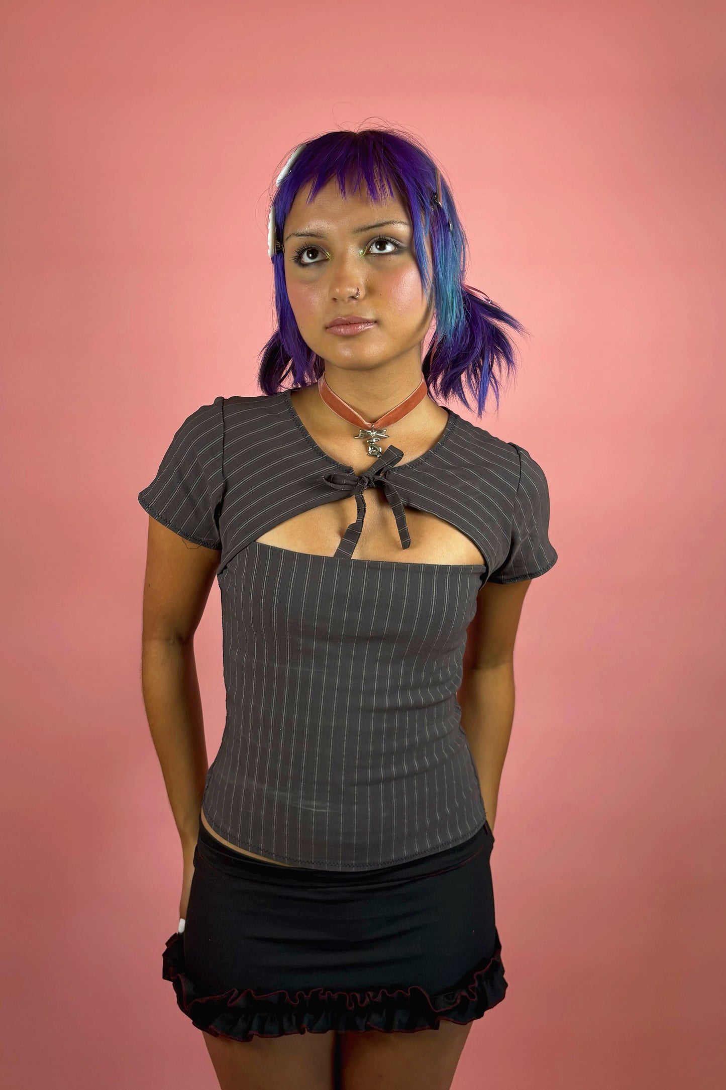 Lilah Grey Pinstripe Keyhole Top - S