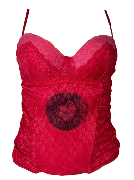 Key to My Heart Red + Pink Lace Corset - L